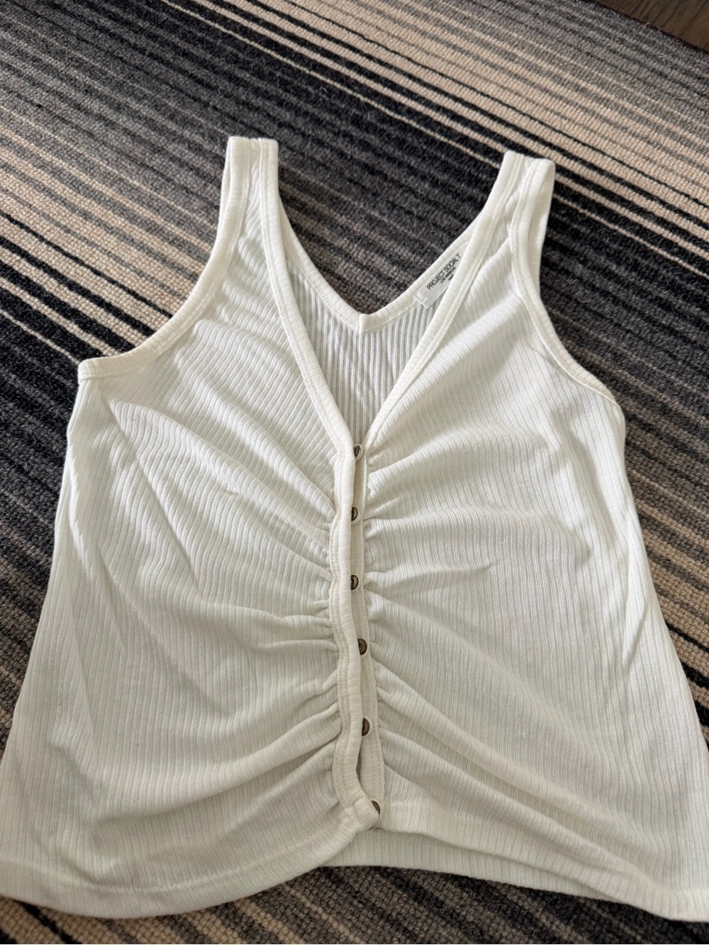 Project Social T White Ribbed V-Neck Ruched Button Tank